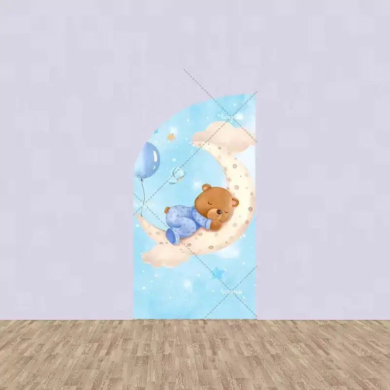 Left panel with a baby bear sleeping on a crescent moon, surrounded by stars and blue sky—ideal for boy-themed baby shower decor.