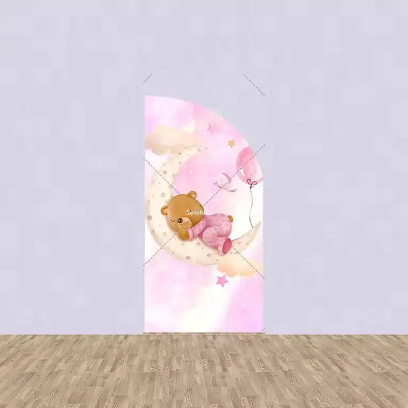 Right panel with a baby bear in pink sleeping on a moon with balloons in a dreamy pink sky—ideal for girl-themed baby shower design.