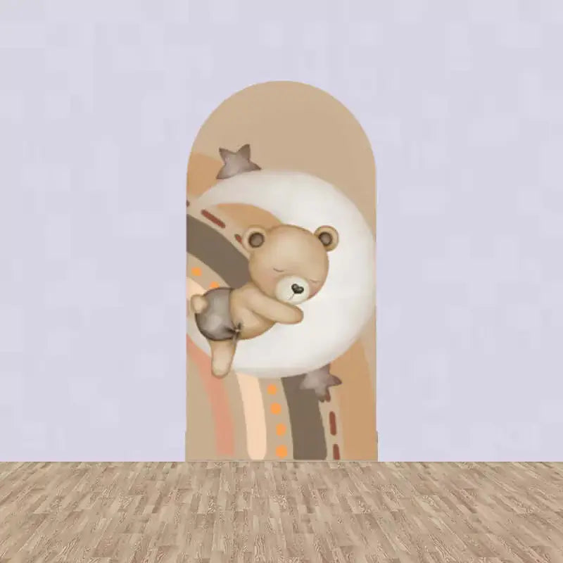 Right panel showing a sleeping teddy bear on a crescent moon with stars and rainbow stripes in earthy tones—ideal for calm, dreamy baby setups.