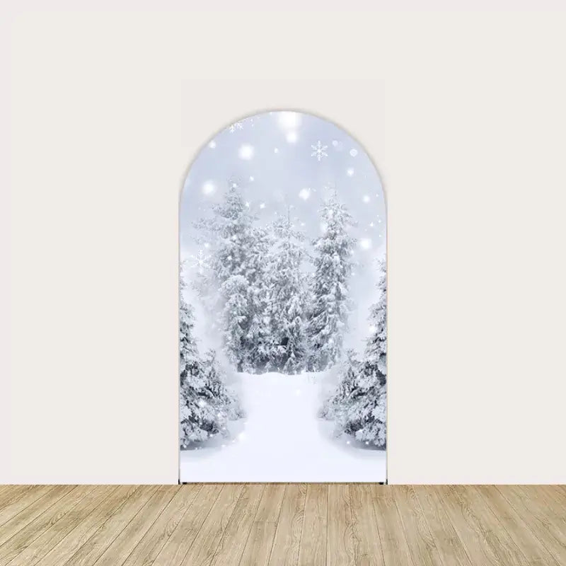 Center backdrop featuring a snowy forest path surrounded by snow-laden trees, creating a magical winter wonderland scene.