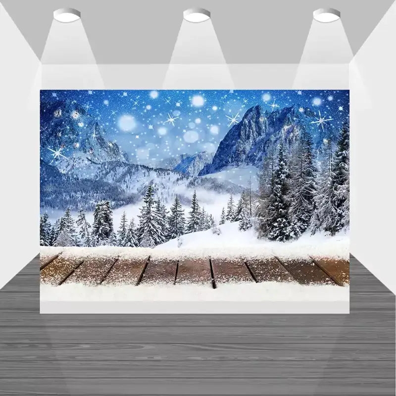 Scenic snowy mountain backdrop featuring frosted trees, sparkling stars, and wooden deck foreground – perfect for Christmas, winter weddings, or seasonal décor