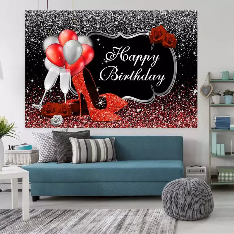 Sparkling red and silver birthday party banner featuring red high heels, roses, balloons, and a black glittery background – ideal for women’s birthday parties.