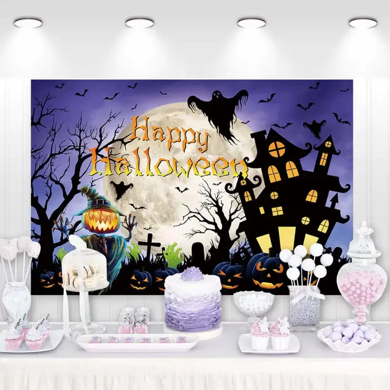 Halloween party backdrop with haunted house, full moon, ghosts, and jack-o'-lanterns.