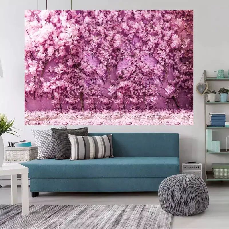 Beautiful spring cherry blossom backdrop with vibrant pink flowers, perfect for photo booths and dessert tables at spring-themed parties
