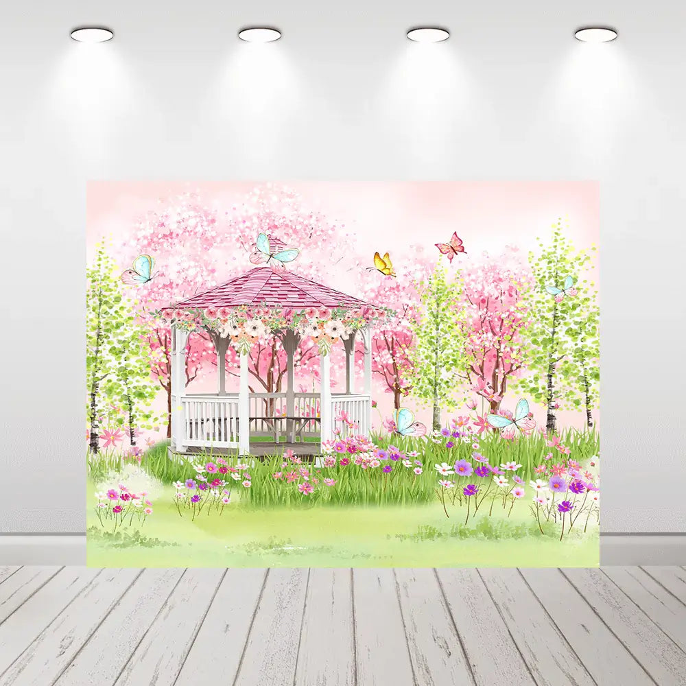 Spring garden backdrop with white gazebo surrounded by pink cherry blossoms, colorful wildflowers, and butterflies – perfect for weddings, parties, or photo shoots