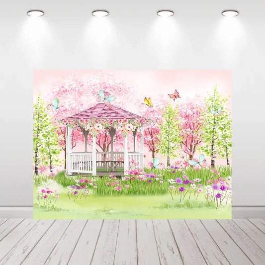 Spring garden backdrop with white gazebo surrounded by pink cherry blossoms, colorful wildflowers, and butterflies – perfect for weddings, parties, or photo shoots