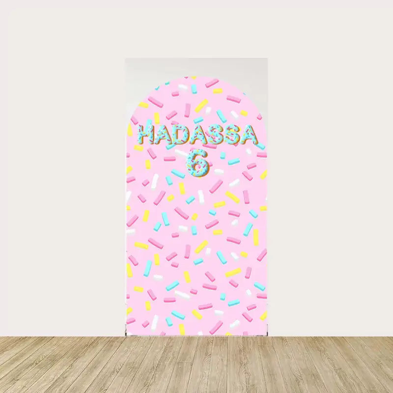 Center arch with “HADASSA 6” text in colorful letters surrounded by sprinkles—perfect for a sweet celebration or birthday decor.