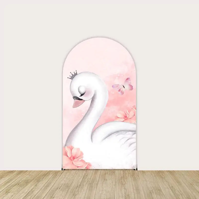 Center panel with a graceful white swan wearing a crown, surrounded by butterflies and pink flowers.