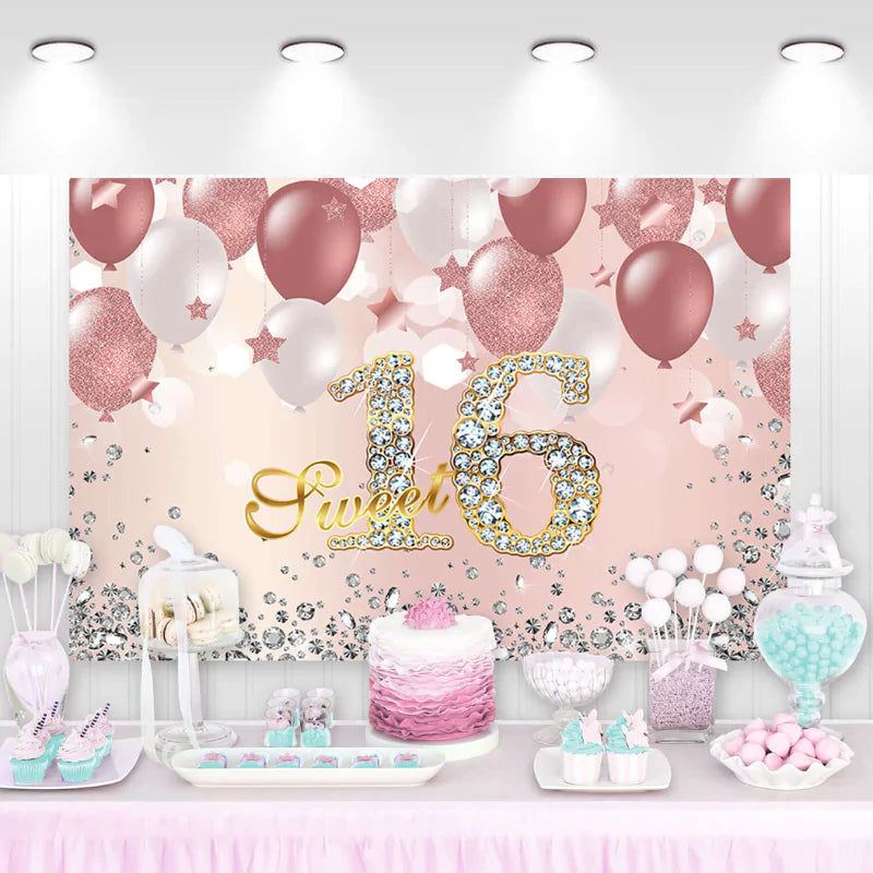 Sweet 16 birthday backdrop with sparkling number 16, rose gold balloons, and glittering stars – perfect for a glamorous 16th birthday celebration.