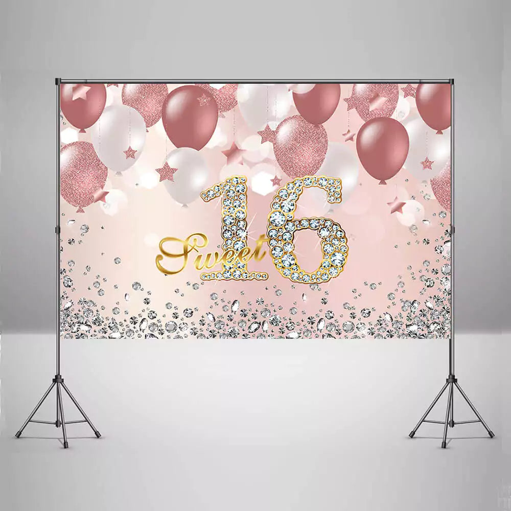 Glittery Sweet 16 backdrop with shiny number 16, rose gold and white balloons, and sparkles – ideal for a stylish and elegant birthday party.