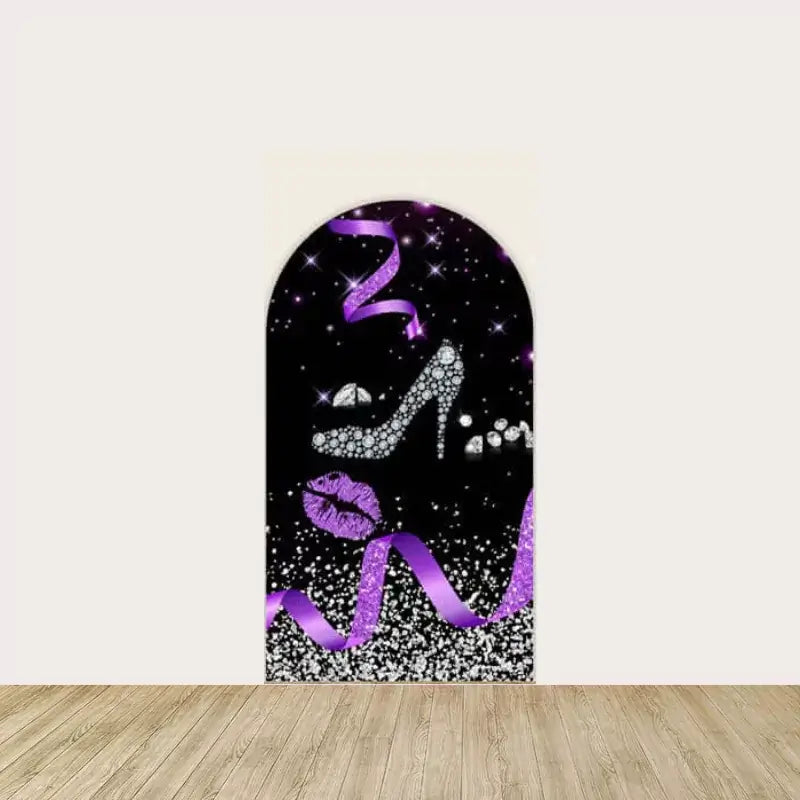 Right panel with rhinestone stiletto heel, lipstick kisses, glitter, and purple party ribbons—stylish accent for a birthday photo backdrop.