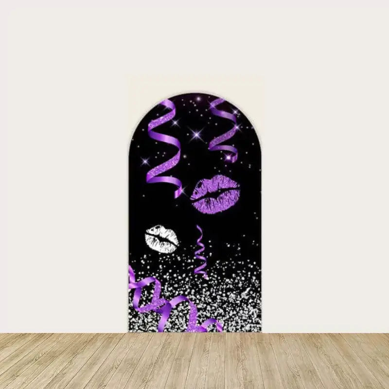 Left panel featuring purple and silver kiss prints, party ribbons, and glitter accents on a black background—perfect for glam party vibes.