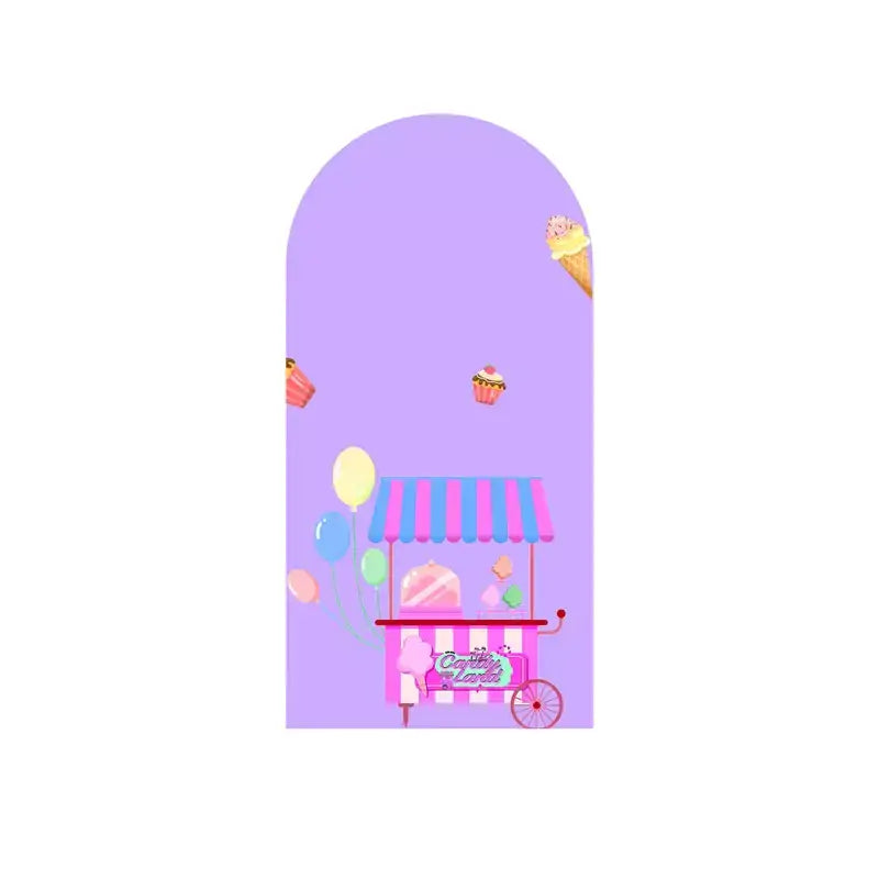 Right arch with lavender background, pink-and-blue candy cart, cupcakes, balloons, and floating desserts.
