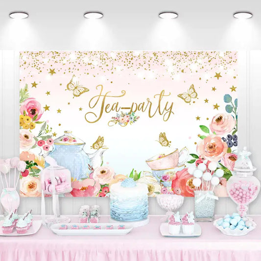 Elegant tea party backdrop with watercolor teacups, teapots, butterflies, and pastel flowers – perfect for birthday parties, bridal showers, or garden tea events.