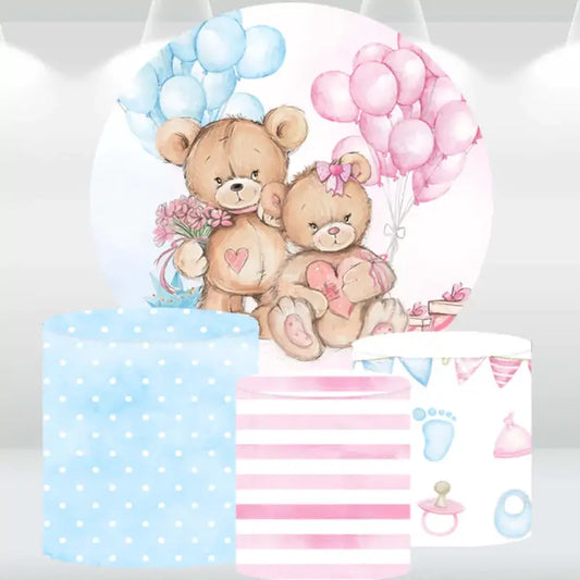 Teddy bear-themed round backdrop with two teddy bears holding balloons, paired with three matching cylindrical pedestal covers featuring polka dots, stripes, and baby icons.