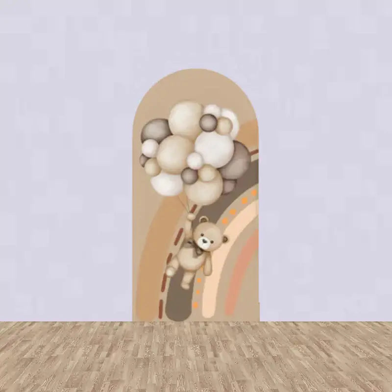 Left panel with a teddy bear holding neutral-tone balloons, floating over a rainbow in soft brown and peach hues—perfect for baby party decor.