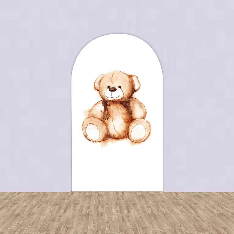Center arch featuring a fluffy watercolor brown teddy bear on a clean white background—ideal for baby showers or bear-themed birthdays.