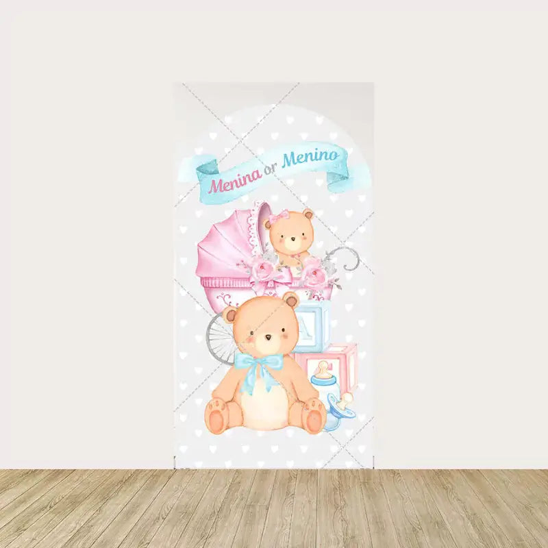 Center panel featuring teddy bears with a pink stroller, baby items, and “Menina ou Menino” banner over a heart-patterned white background.