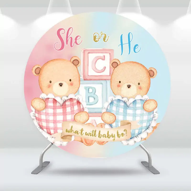 She or He themed round baby shower backdrop featuring cute teddy bears and pastel colors.