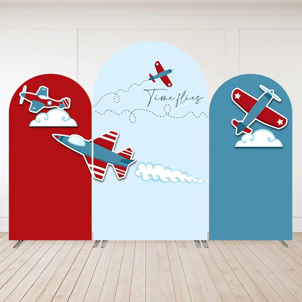 Three-panel airplane arch backdrop set with red and blue planes, clouds, and “Time Flies” text—perfect for aviation birthday or first birthday parties.
