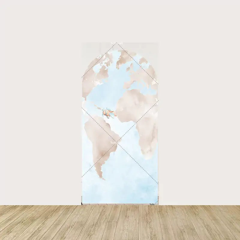 Arch panel with a faded watercolor world map and a tiny plane flying across it—ideal for travel-themed baby showers or nursery events.