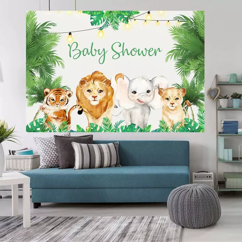 Tropical jungle baby shower backdrop with adorable zoo animals, lush greenery, and festive hanging lights – suitable for boy or girl baby shower parties