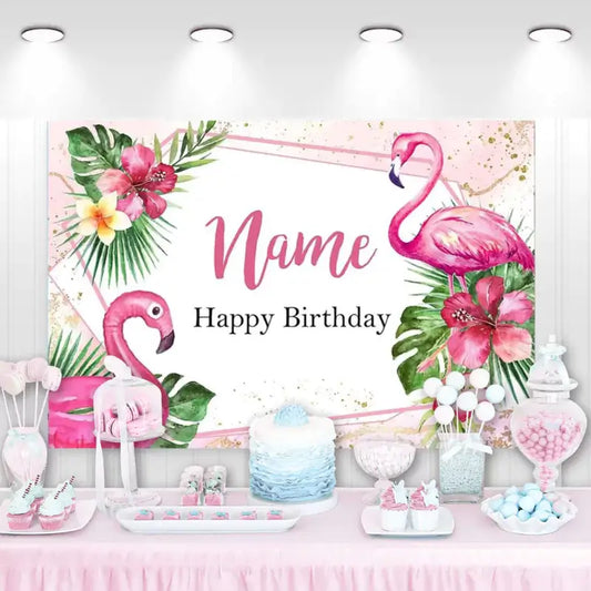 Tropical flamingo birthday backdrop featuring pink flamingo, hibiscus flowers, and greenery – customizable for a special birthday celebration