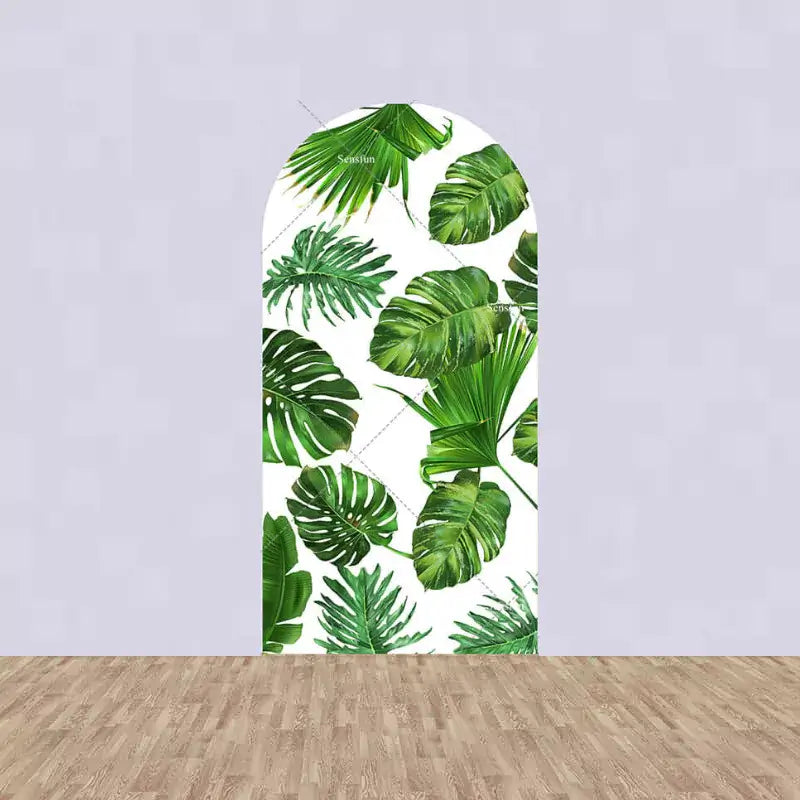 Center panel filled with overlapping green monstera and palm leaves on a white background—ideal for tropical or jungle photo setups.