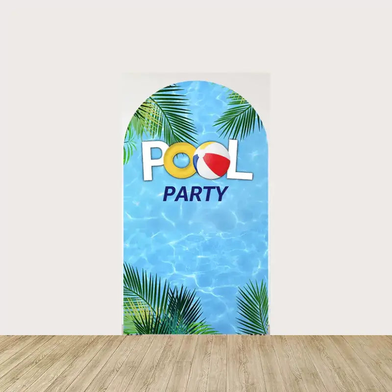 Arch backdrop with “POOL PARTY” text, tropical palm leaves, and sunlit pool water—perfect for summer party or splash bash backdrop.