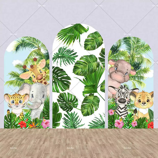 Three-panel jungle safari backdrop with cute cartoon animals (giraffe, elephant, zebra, hippo, lion) and green palm leaves and tropical foliage.