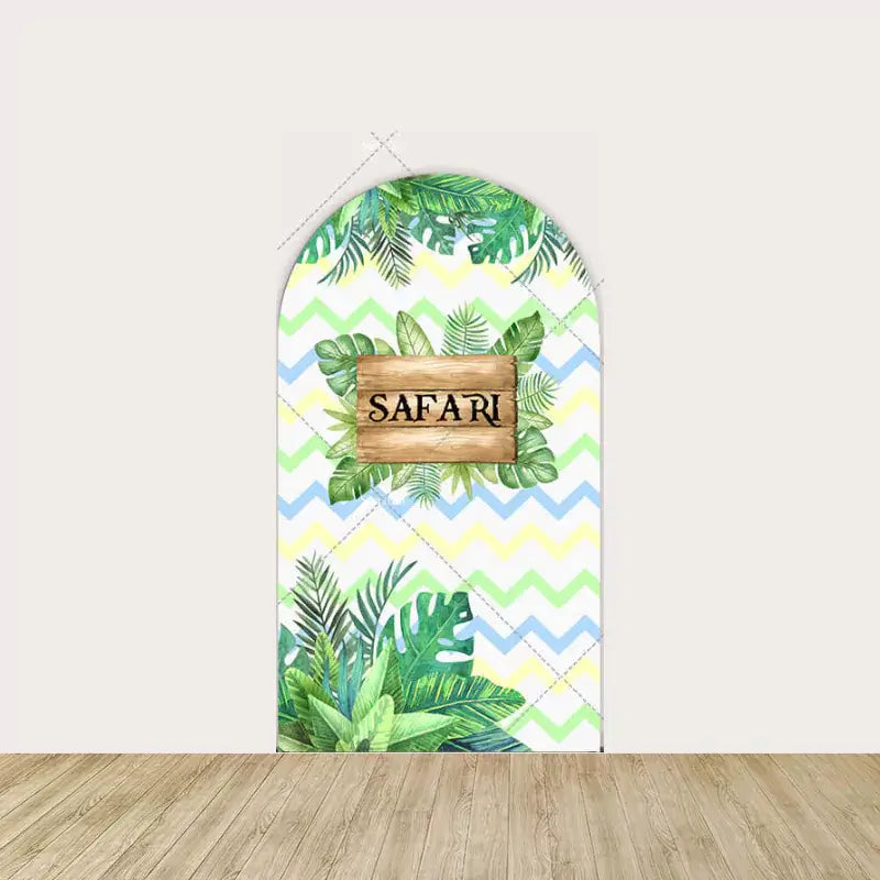 Center panel showcasing a wooden "Safari" sign amidst tropical leaves and a chevron-patterned background, ideal as a focal point.