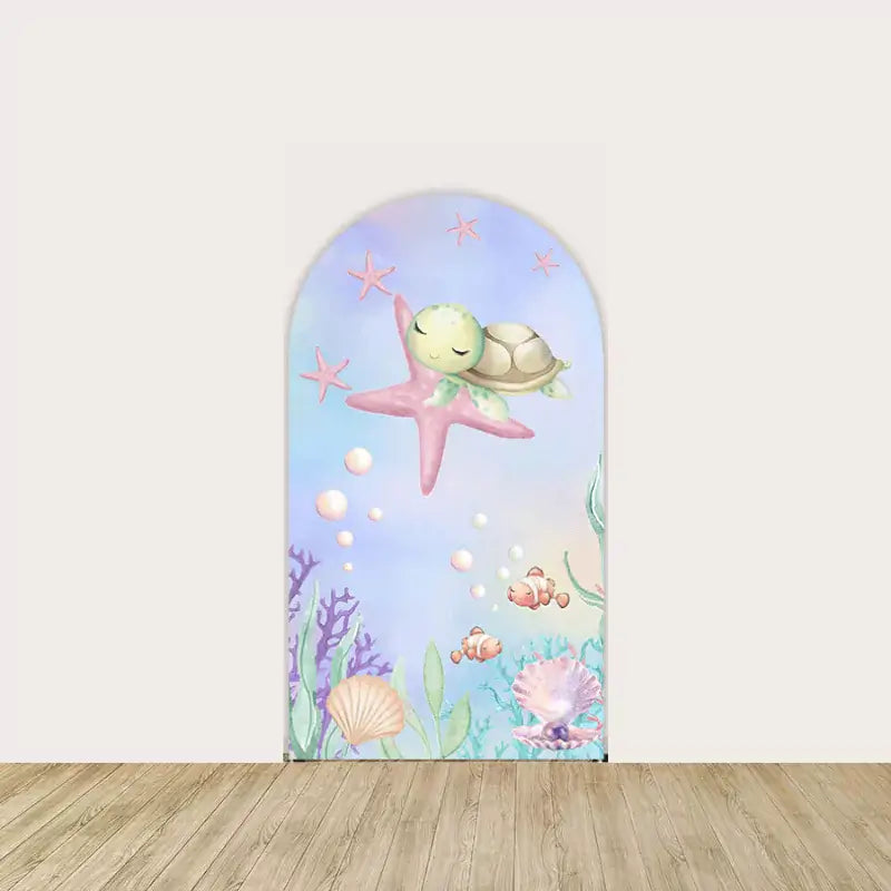 Left panel with pastel turtle resting on a pink starfish surrounded by bubbles, coral, and starfish—gentle ocean theme for kids’ events.