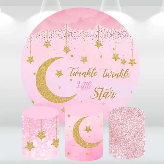 Round backdrop with pink and gold 'Twinkle Twinkle Little Star' theme, paired with three cylindrical covers featuring glitter and hanging stars.