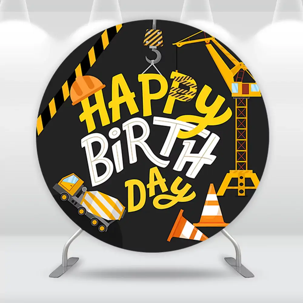 Round construction-themed backdrop featuring Happy Birthday text, cranes, traffic cones, hard hats, and tools on a black background, perfect for kids' builder-themed parties.