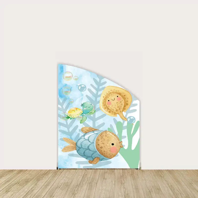 Arch panel featuring a turtle, stingray, fish, and soft ocean plants in a pastel sea scene—ideal for under-the-sea party decor.