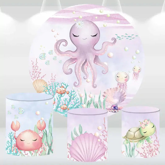 Ocean-themed round backdrop featuring a cute octopus with sea creatures, paired with three matching cylindrical pedestal covers showing a crab, seashell, and turtle.