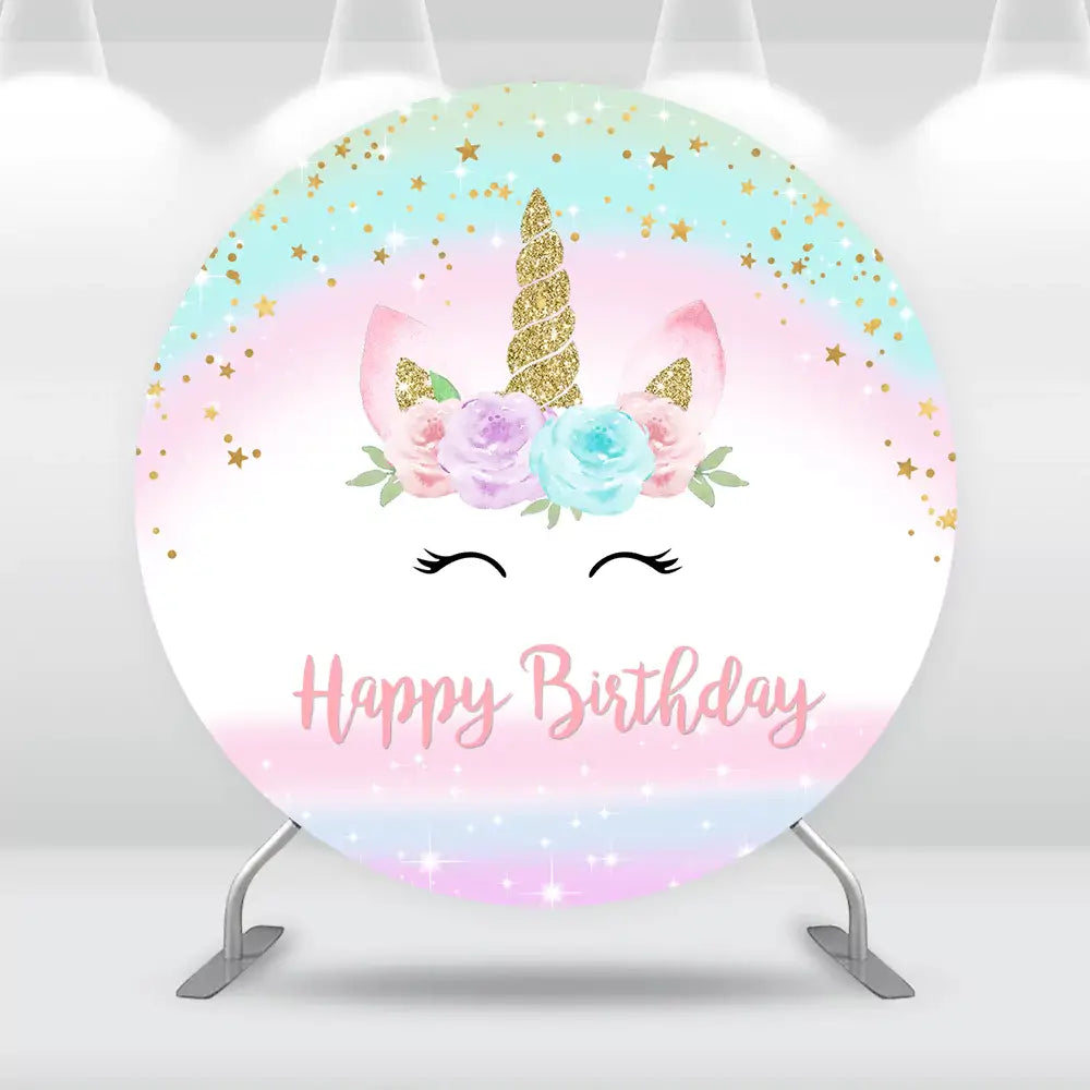 Whimsical unicorn birthday backdrop with pastel colors, gold glitter horn, and floral crown.