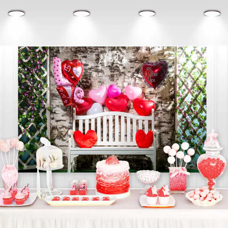 Valentine’s Day backdrop with heart-shaped balloons, ‘LOVE’ letters, and a cozy bench with red pillows – perfect for romantic parties and photo shoots