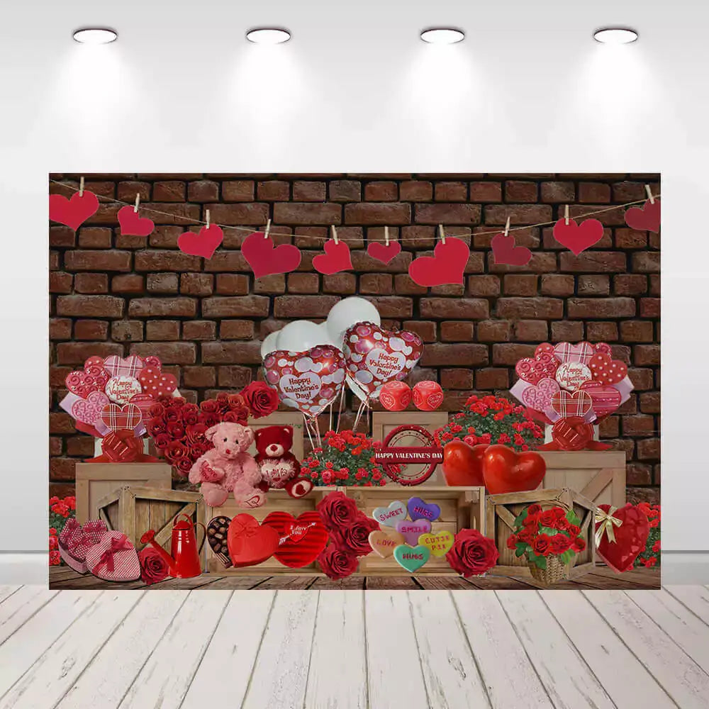 Valentine’s Day backdrop with red brick wall, hanging heart garland, teddy bears, roses, heart-shaped balloons, and gift boxes – perfect for romantic celebrations or photo booths