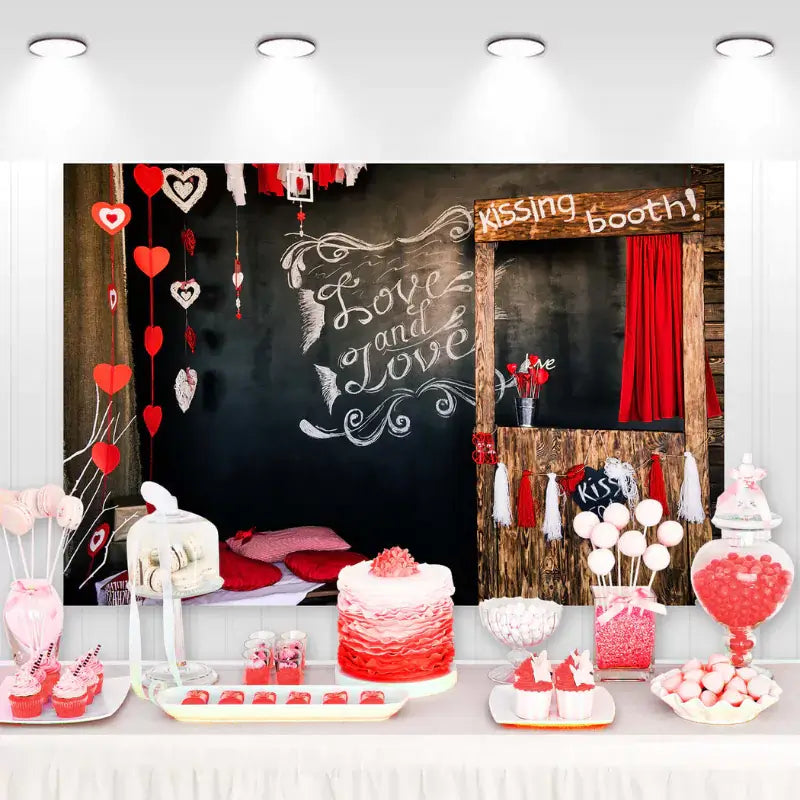 Valentine’s Day backdrop with rustic kissing booth, chalkboard wall reading 'Love and Love', hanging hearts, and dessert table – perfect for romantic photo settings