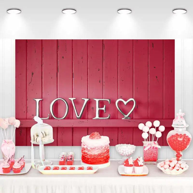 Rustic Valentine’s Day backdrop with red wooden panels, silver LOVE letters, and heart desserts – perfect for romantic celebrations and photo displays