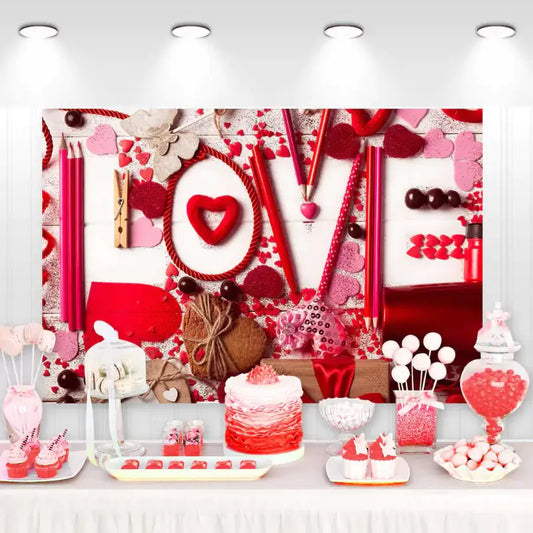 Creative Valentine’s Day backdrop with LOVE spelled out using red and pink pencils, hearts, clothespins, and romantic decorations – perfect for parties and photos