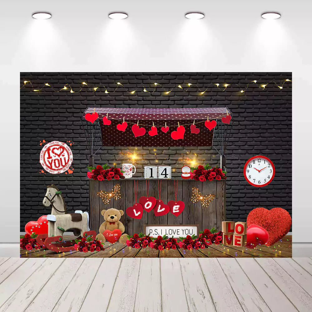 Valentine’s Day photo backdrop featuring a love market booth decorated with red hearts, roses, string lights, teddy bear, and romantic signs – perfect for romantic events