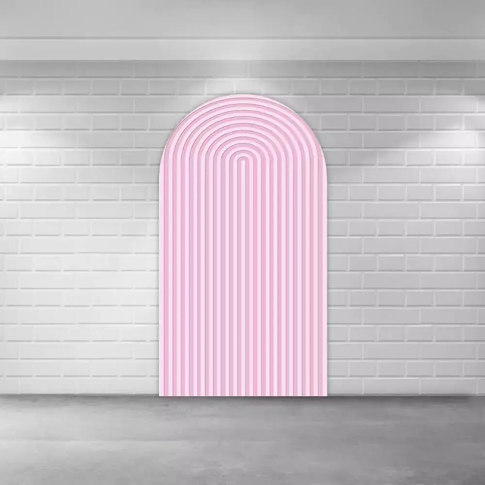 Right panel with narrow vertical blush pink stripes in a rounded arch pattern—adds a modern and playful touch to party backdrops.