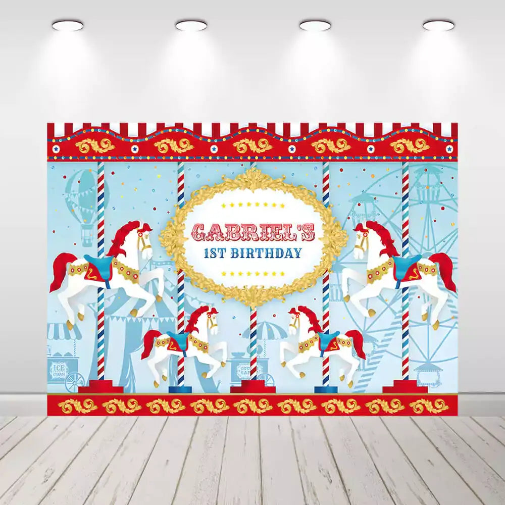 Whimsical 1st birthday party banner featuring a carousel ride theme, ornate golden frame, and red and blue circus-style design elements
