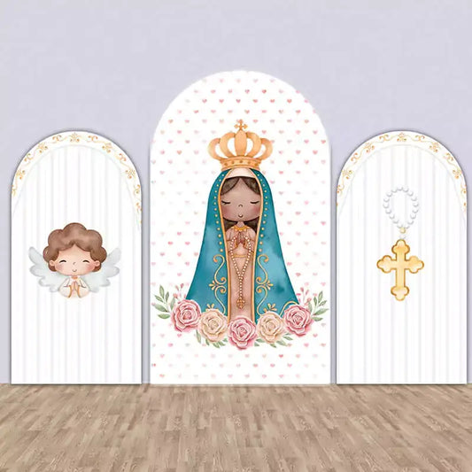 Three religious-themed arch backdrops featuring the Virgin Mary with crown, a praying angel, and a golden cross with rosary design.