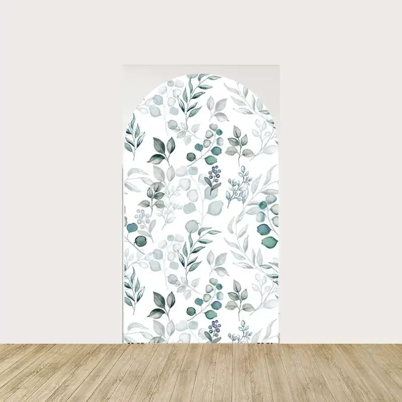 Arch panel with watercolor leafy greenery and berry accents on a white background—perfect for bridal showers, baby showers, or garden parties.