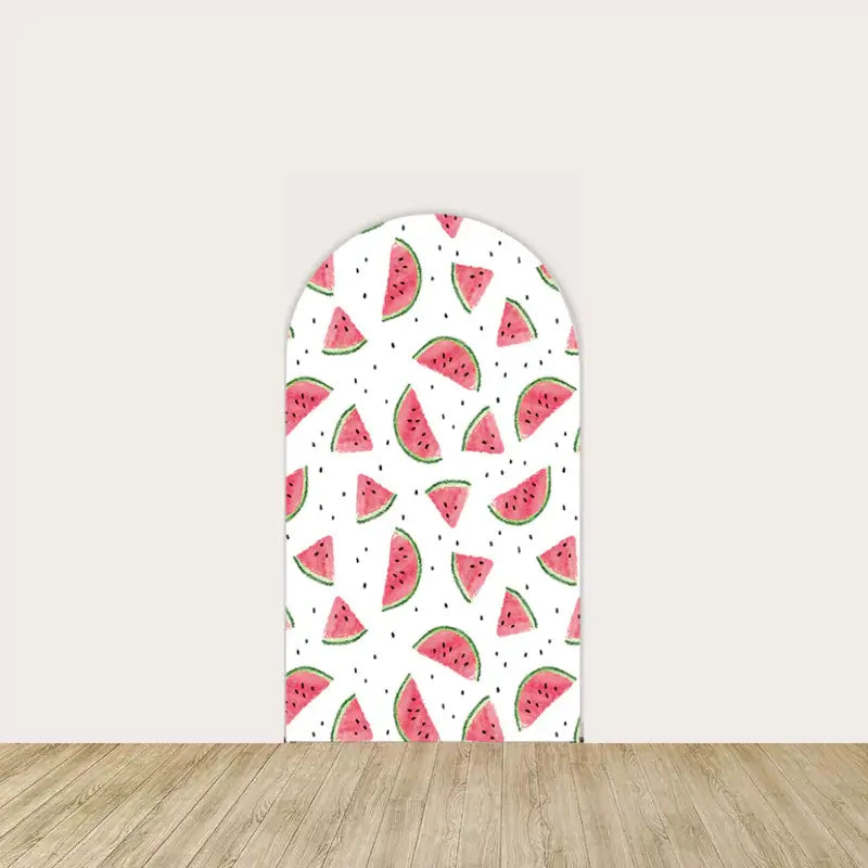 Center arch panel with repeating pattern of hand-painted watermelon slices on a clean white background.