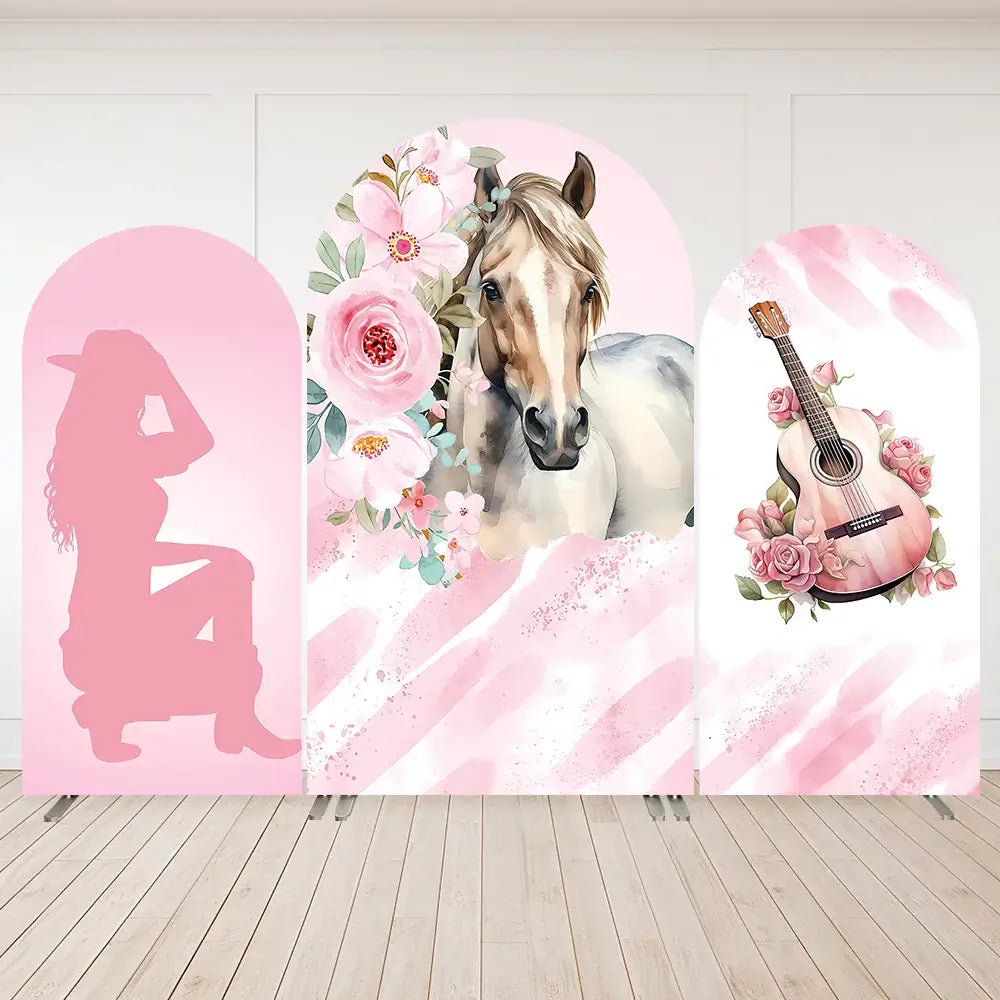 Western-themed arched backdrop displaying a pink guitar surrounded by elegant roses and floral elements, set against a soft pink gradient design.