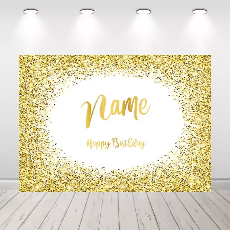 White and gold birthday backdrop with sparkling glitter border and customizable name – perfect for bright and elegant birthday celebrations